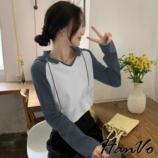 【HanVo】連帽撞色短版長袖衣 休閒百搭針織上衣 春秋上衣 韓系女裝 女生衣著 A02-0590