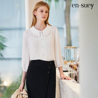 【en-suey 銀穗】雙層蕾絲翻領襯衫上衣 - 白/黑 5113-2107