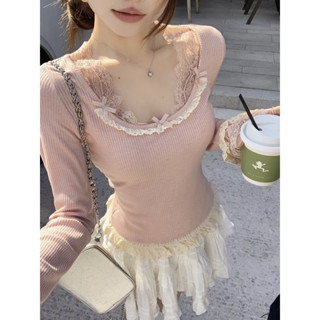🎀Hanagirl 韓國🇰🇷 假兩件甜美粉 蕾絲拼針織上衣 D210