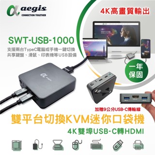 【aegis艾吉斯】4K Type-C KVM切換器 雙埠USB-C轉HDMI螢幕轉換器 二進一出 USB鍵盤滑鼠分享器