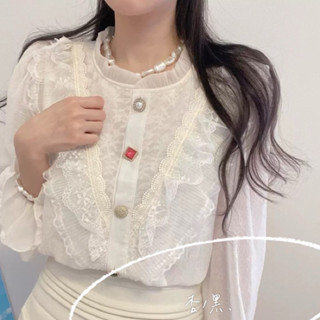宮廷風質感蕾絲立領彩色寶石雪紡襯衫上衣 2024上衣
