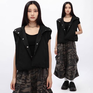 iDid - 連帽風衣背心外套 Black Hooded Vest 連帽背心 風衣 無袖 排扣 防風外套 街頭 背心夾克