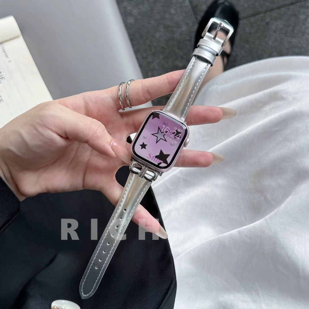 蝴蝶扣亮麵皮質錶帶 Apple watchs11錶帶 iwatchs10錶帶 蘋果S7/8/9 SE錶帶 小眾ins錶帶