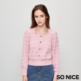 SO NICE【特惠】甜美粉方領立體紗拼接羅紋短版上衣｜都會時尚女裝 【75431001】