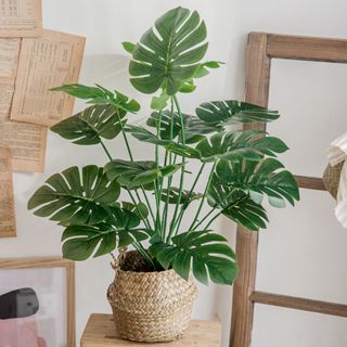臺灣出貨 限量送竹籃 北歐模擬龜背芋人造仿真植物綠色室內假植物盆栽 園藝龜背竽葉植栽 模擬假花