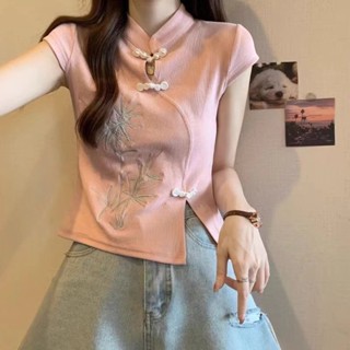 國風女裝 新款中國風新中式立領盤扣刺繡短袖T恤女短款 復古別致絕美上衣