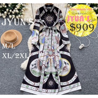 JYUN'S 秋冬新款歐美高階優雅洋裝女圖騰印花綁帶收腰翻領單排扣顯瘦氣質印花長裙大尺碼1色M~2XL預購
