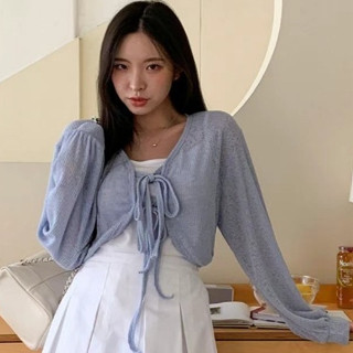 【nine韓系服飾】現貨韓國微透膚前綁帶氣質小外套 高腰顯瘦短版上衣 外搭長袖 長袖外套 氣質罩衫外套