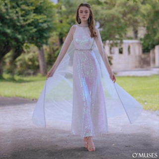 【OMUSES】手工兩件式蕾絲亮片簍空白色長禮服19-7157