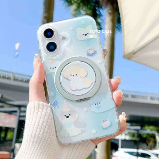 雙層漸變藍狗狗派對360°旋轉磁吸支架蘋果手機殼 適用於 iPhone 13 14 15 16 Pro Max蘋果保護殼