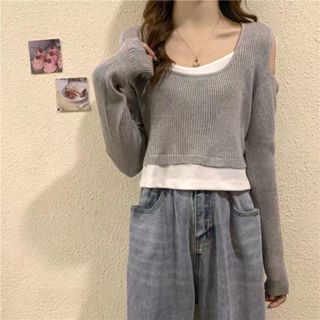 假兩件設計感小眾方領長袖針織衫女春秋款小個子短款內搭打底上衣針織衫針織長袖針織寬鬆上衣