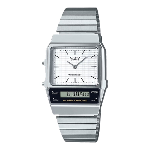 CASIO專賣店 AQ-800E-7A 復刻時尚 雙顯指針錶 白網格 不鏽鋼錶帶 兩地時間 生活防水 AQ-800E