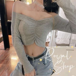 Royalshop(S~9XL)預購～大尺碼專屬❤️一字領露肩木耳邊性感短版露臍褶皺長袖上衣3色可選