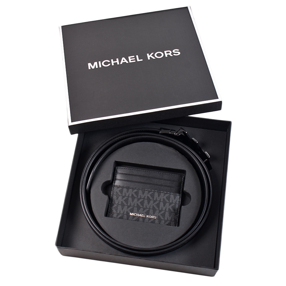 MICHAEL KORS 男款 鐵灰MK緹花LOGO防刮雙面用皮帶/名片夾禮盒-黑色 【美國正品現貨】