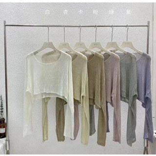 特價*卡現貨秒出♥️【JinG】韓國🇰🇷*圓領簍空透膚薄針織上衣♥️短版透氣針織 長袖上衣 針織衫 透視感 防曬罩衫