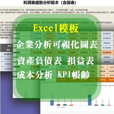 Excel 模板，企業分析可視化圖表，現金流量表、資產負債表、損益表、成本分析、KPI帳齡、應收帳款、人力資源 500+