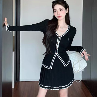 套裝裙 短裙 A字裙 薄外套 小外套魔法學院 針織2件套裝女秋 V領羊毛上衣+半身裙子1F119-A.18155
