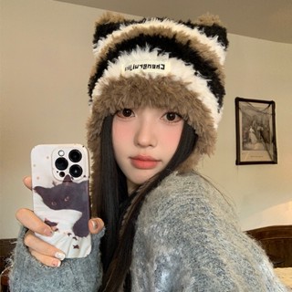 FUXI 毛絨帽子女 毛線帽 日系撞色條紋帽子 秋冬保暖護耳帽 可愛貓耳朵帽子 女裝 帽子兩用可做斜揹包包