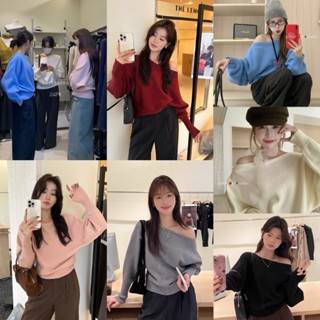 特價*粉.紫現貨秒出售完不再♥️實拍【JinG】蝙蝠袖*軟毛坑條針織上衣 上下2穿長版/短版斜肩一字領露肩長袖毛衣