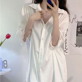 臺灣公司❤️開發票 男友風襯衫睡裙 白色襯衫 中長睡裙 夏季睡衣 女士性感 冰絲蕾絲花邊 大尺碼家居服 居家服 襯衫睡衣