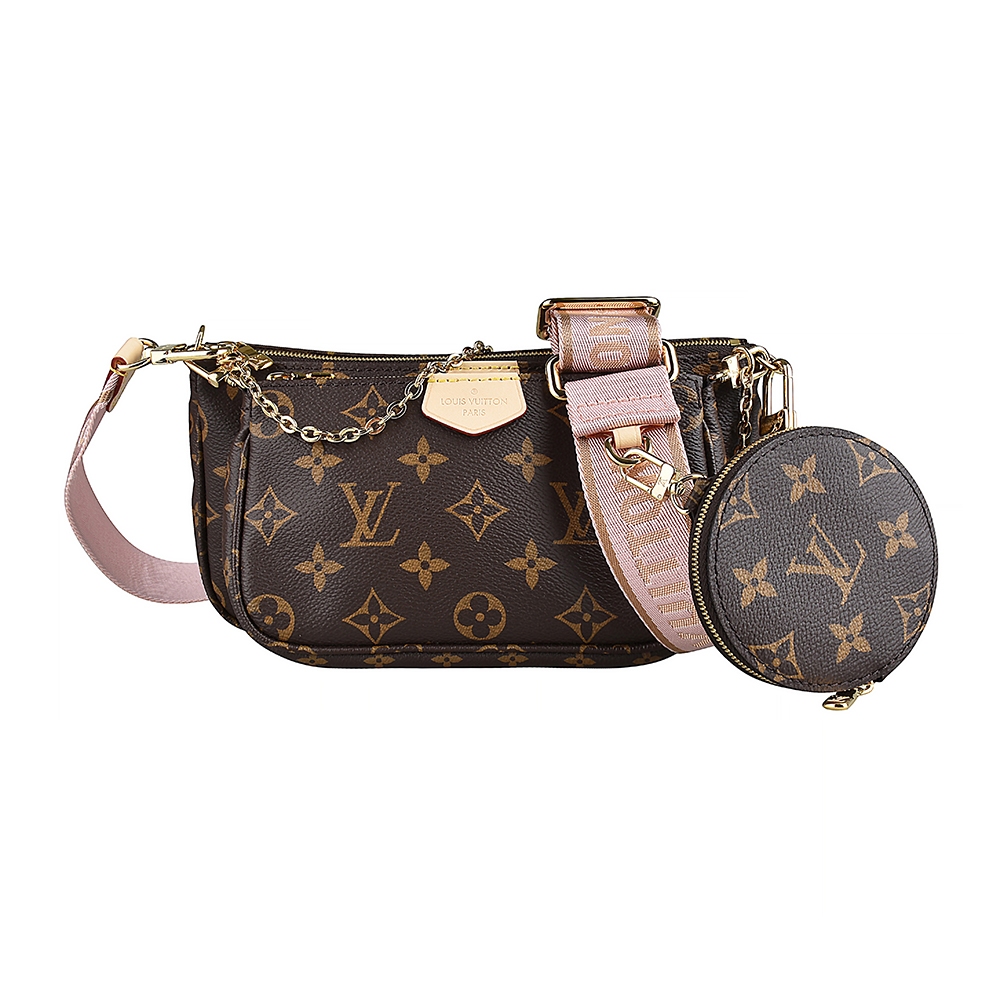 LV M44840 老花LOGO Monogram帆布寬版背帶設計拉鍊手提斜背麻將包(咖啡x粉)