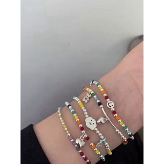 𝕄ℚ臺灣現貨｜😁可愛笑臉925純銀彩珠彈力手串｜韓國可愛笑臉純銀珠珠手鍊｜雙層純銀手鍊韓國笑臉拼接愛心手鍊