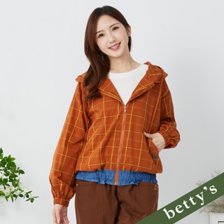 betty’s貝蒂思(35)方格拼接牛仔下擺抽皺連帽薄外套(橘色)