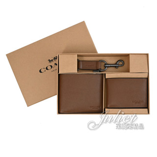 【茱麗葉精品】COACH CS433 經典荔枝皮革短夾卡夾鑰匙圈三件禮盒組.咖 現貨在臺