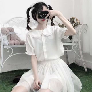 臺灣出貨娃娃領襯衫甜美小個子白襯衫夏季2023年新款洋氣花邊短袖上衣女