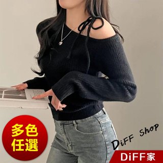 【DIFF】韓版不規則斜領繫帶針織上衣 毛衣 上衣 衣服 長袖t恤 保暖上衣 秋天女裝 冬天女裝 秋冬女裝【W521】