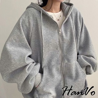 【HanVo】素色大口袋連帽加絨外套 休閒百搭拉鍊開衫保暖外套 韓系女裝 女生衣著 A07-4545