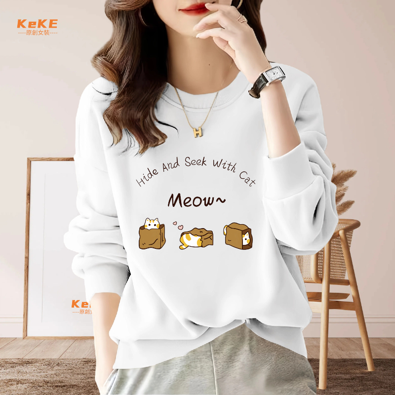 100%純棉卡通貓咪印花S-4XL重磅刷毛落肩大學t oversize 大學t 韓系女生黑色 冬天圓領衛衣 M0072A