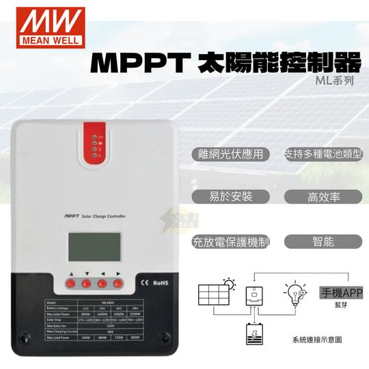 ⚡在戶外跌倒⚡ MW 控制器 MPPT 太陽能控制器 ML 60A 轉換率高 智能 安全