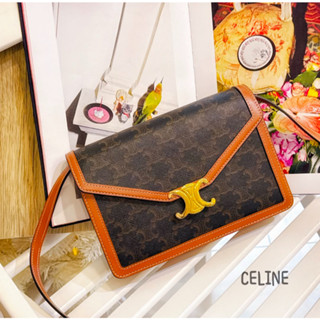 二手旗艦 CELINE 咖啡色 PVC 凱旋門 WOC 手拿包 斜揹包 兩用包 大款(中友店)