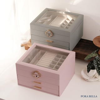 <Porabella>新款質感皮革首飾盒 翻蓋式透明壓克力飾品收納盒 三層收納飾品盒 戒指項鍊耳環耳夾收納珠寶盒 可上鎖
