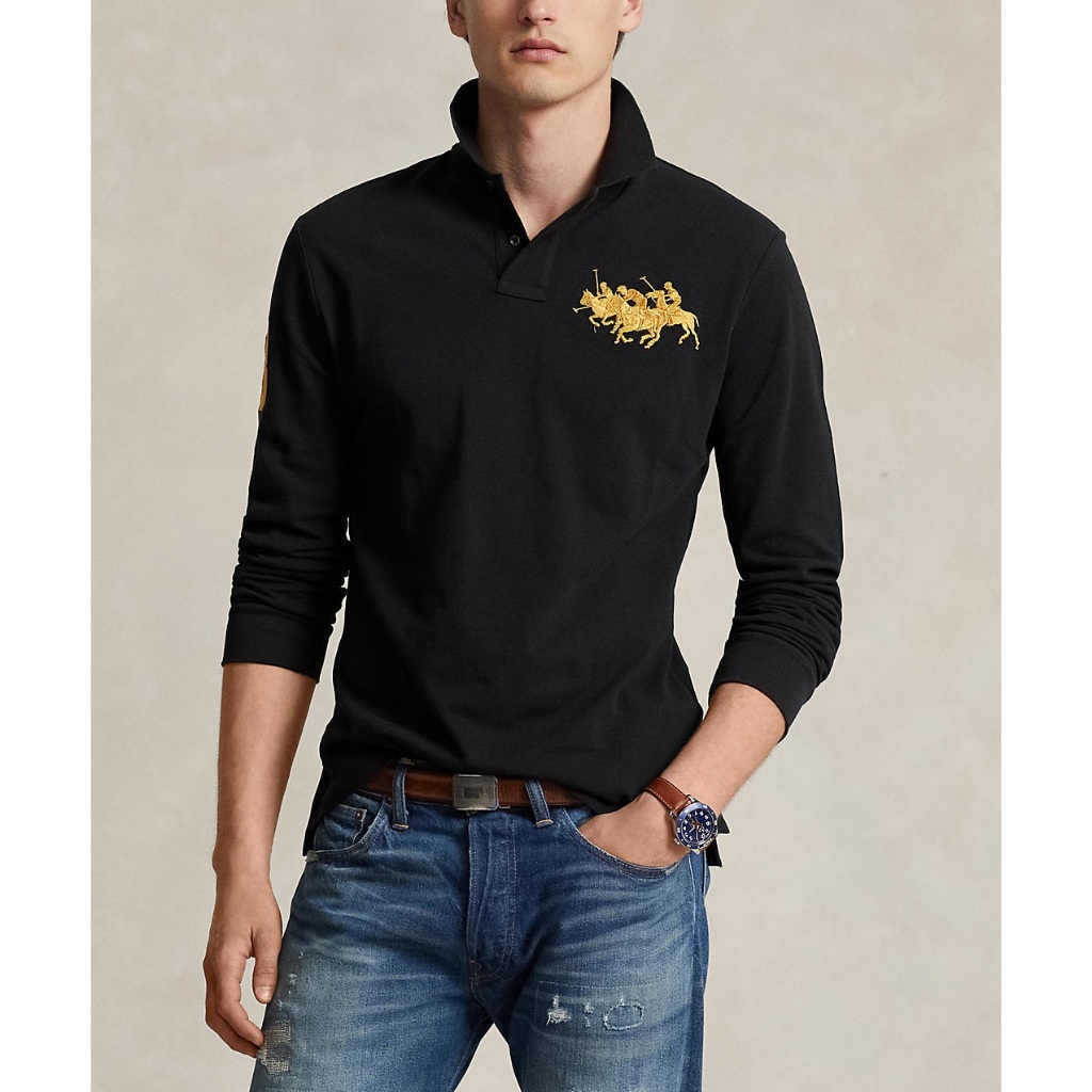 現貨(S)【RL男生館】【POLO Ralph Lauren金色大馬刺繡網眼長袖POLO衫】【RL001D5】