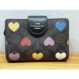 二手真正品 COACH CP418正品新款深咖啡多彩愛心皮革零錢短夾公司貨。三夾層（鈔票、零錢、證照、卡片）二手包 皮包