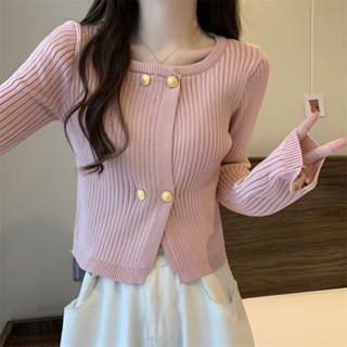 FUXI 長袖上衣女 針織上衣 短版上衣 薄款毛衣 圓領套頭針織衫 小香風修身顯瘦內搭上衣 打底衫 女裝 衣服