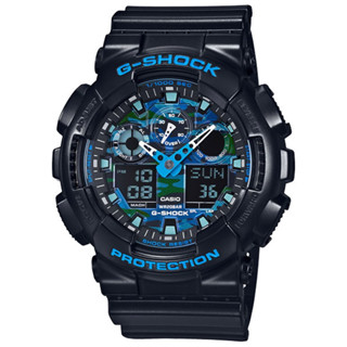 【CASIO 卡西歐】 G-SHOCK系列 酷炫迷彩設計雙顯電子錶 藍 GA-100CB-1A 51.2mm