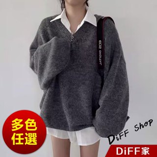 【DIFF】韓版V領溫柔寬鬆慵懶風毛衣 針織上衣 毛衣 上衣 衣服 長袖t恤 保暖上衣 冬天女裝 發熱衣【W514】