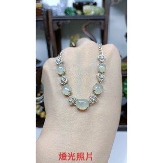 天然翡翠A貨緬甸玉 白冰膠蛋面 S925銀手鏈（可搭配戒指購買成套）保證實物燈光避光照片錄影 手珠 手串 珠鍊