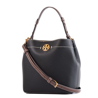 TORY BURCH 荔枝紋磁釦手提/斜背二用水桶包-黑色/小 【美國正品現貨】