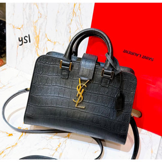 二手旗艦 YSL 黑色 壓鱷魚紋 金色 LOGO 醫生包 手提包 斜揹包 兩用包 (中友店)