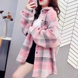 （臺灣熱銷）韓款 女生長袖襯衫 上衣 罩衫 中長款襯衫 磨毛格子襯衫 休閒外套 寬鬆襯衫 長袖上衣 大尺碼上衣 防曬衣