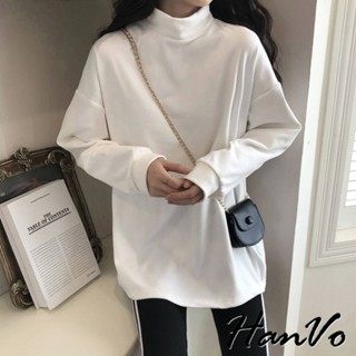 【HanVo】雙面德絨半高領長版上衣 保暖寬鬆休閒內搭上衣 韓系女裝 女生衣著 A02-0598