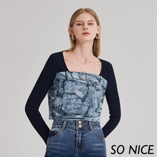 SO NICE【特惠】仿牛仔方領網布拼接針織短版上衣｜都會時尚女裝 【29431004】