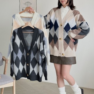 【Fee現貨3色】厚款菱格紋外套🔥舒服 百搭 休閒 厚磅 針織 外套 女外套 女上衣 女罩衫 菱格 毛衣 春天