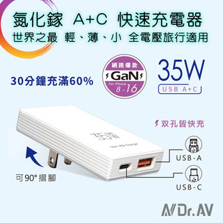 PB-352SF 聖岡科技 35W 氮化鎵 超薄型 A+C USB快速充電器 雙孔快充 世界通用電壓 插頭可收納