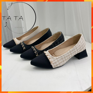 TATA【現貨➕預購】MITHJ臺灣製造 優雅質感 小香風尖頭包鞋 高跟鞋 淑女鞋 拼接鏈條外出鞋 娃娃鞋 粗高跟鞋