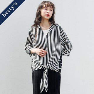 betty’s貝蒂思(31)假兩件條紋綁帶七分袖上衣(黑色)